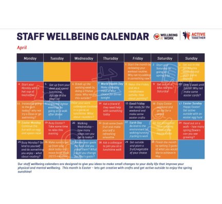 Staff Wellbeing Calendar for April 2022