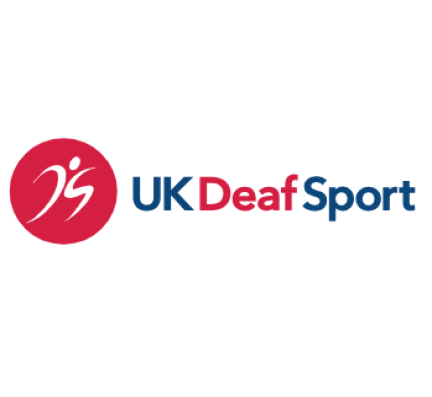 A navy blue background with a red and white logo and the words UK Deaf Sport