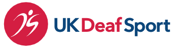 A navy blue background with a red and white logo and the words UK Deaf Sport